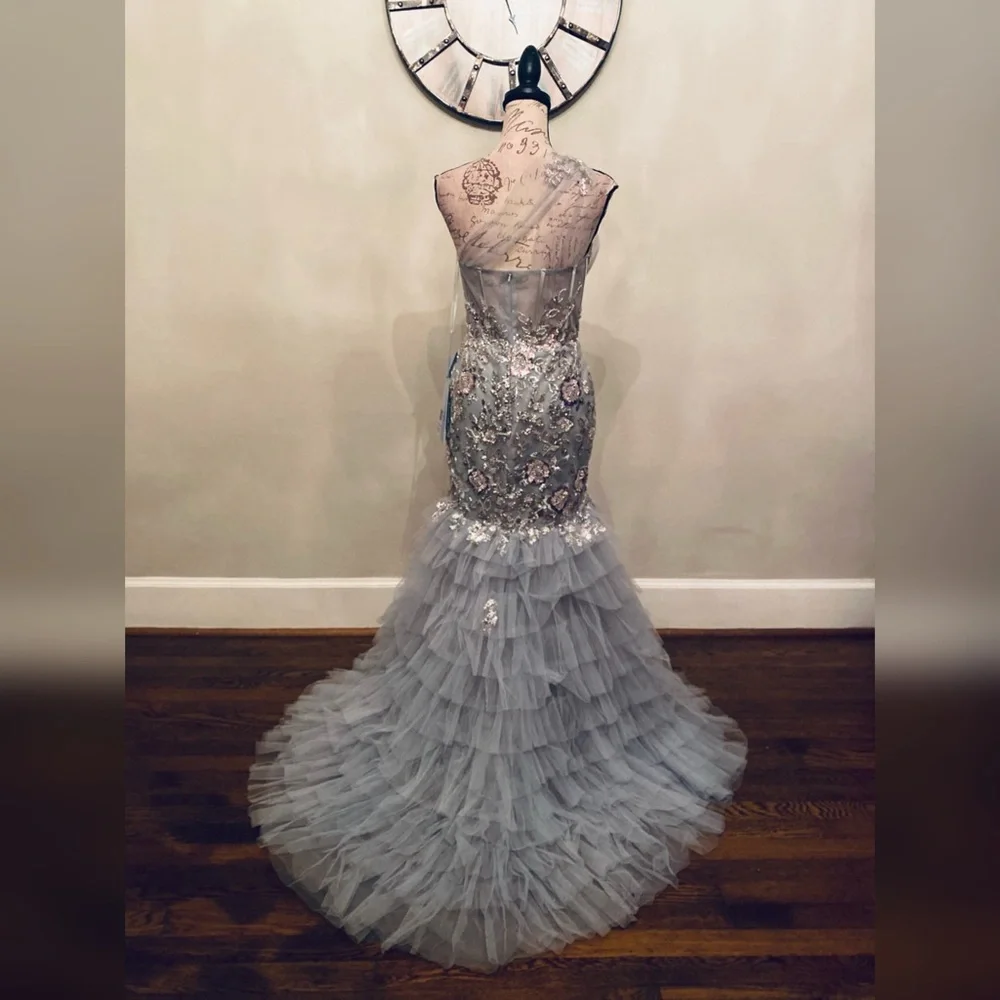 Sage green mermaid ruffle prom dress formal gown or nontraditional wedding dress